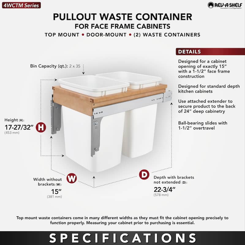 Rev-A-Shelf Double Pullout Top Mount Trash Can 35 qt., White, 4WCTM-18DM2
