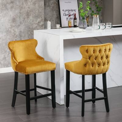Velvet Wing-Back Barstools with Button Tufted Decoration,Set of 2
