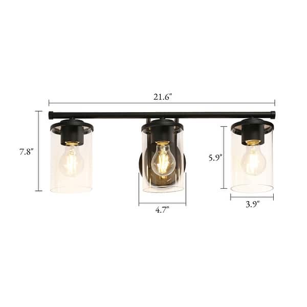 Modern Farmhouse 3-Light Black Bathroom Vanity Light Cylinder Glass Wall Sconce - W 21.6" x L 7.8" x H 6.7"