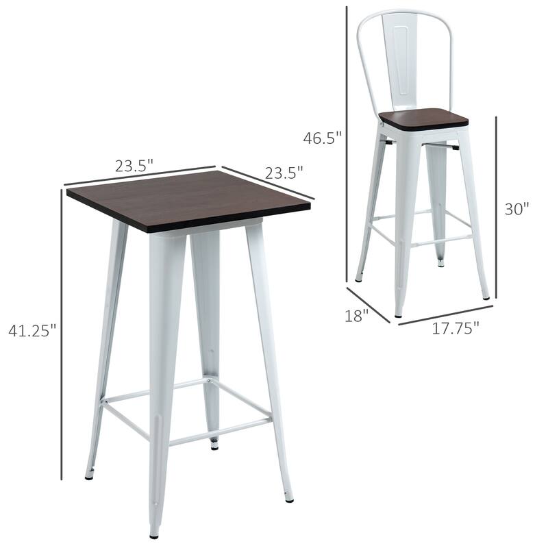Small Space 3-Piece Bar Table Chair Set with Brown Wood Tabletop and White Steel Frame - 23.5" W x 23.5" D x 41.25" H