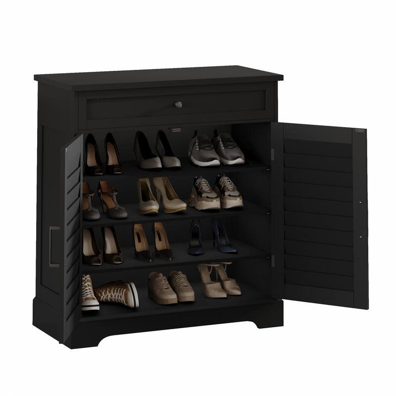 16 Pair Shoe Cabinet with Shuttered Doors, Wood Storage Cabinet with Drawer, Large Storage Entryway Accent Cabinet