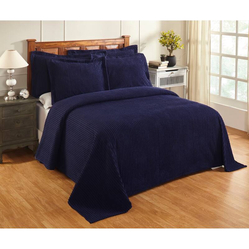 Better Trends Chenille Bedspread Set w/Sham 100% Cotton Soft Lightweight All-Season Fluffy & Cozy Bedding Set Jullian Collection - Navy - Queen