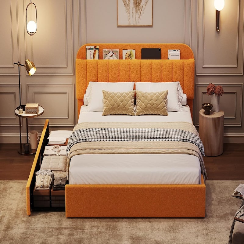 Bed Frame with 2 Drawers, Boucle Upholstered