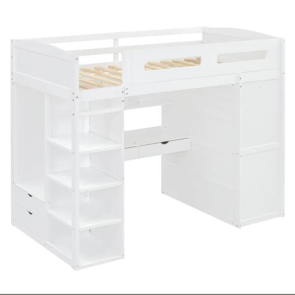slide 2 of 20, Twin Size Loft Bed with Desk, Wardrobes, 4 Drawers & 4 Shelves, White White - Twin