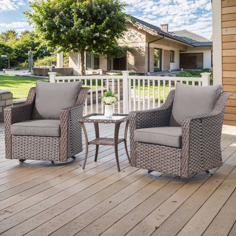 Outside Patio Sofa Chair Set with Cushions - Brwon Wicker Grey Cushion - 3PCS Swivel Chair with Table