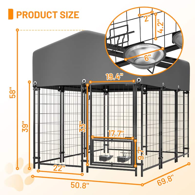 GDFStudio - Large Outdoor Heavy Duty Metal Dog Kennel with Roof, UV-Resistant Waterproof Cover, Double Lock & Rotating Feeder