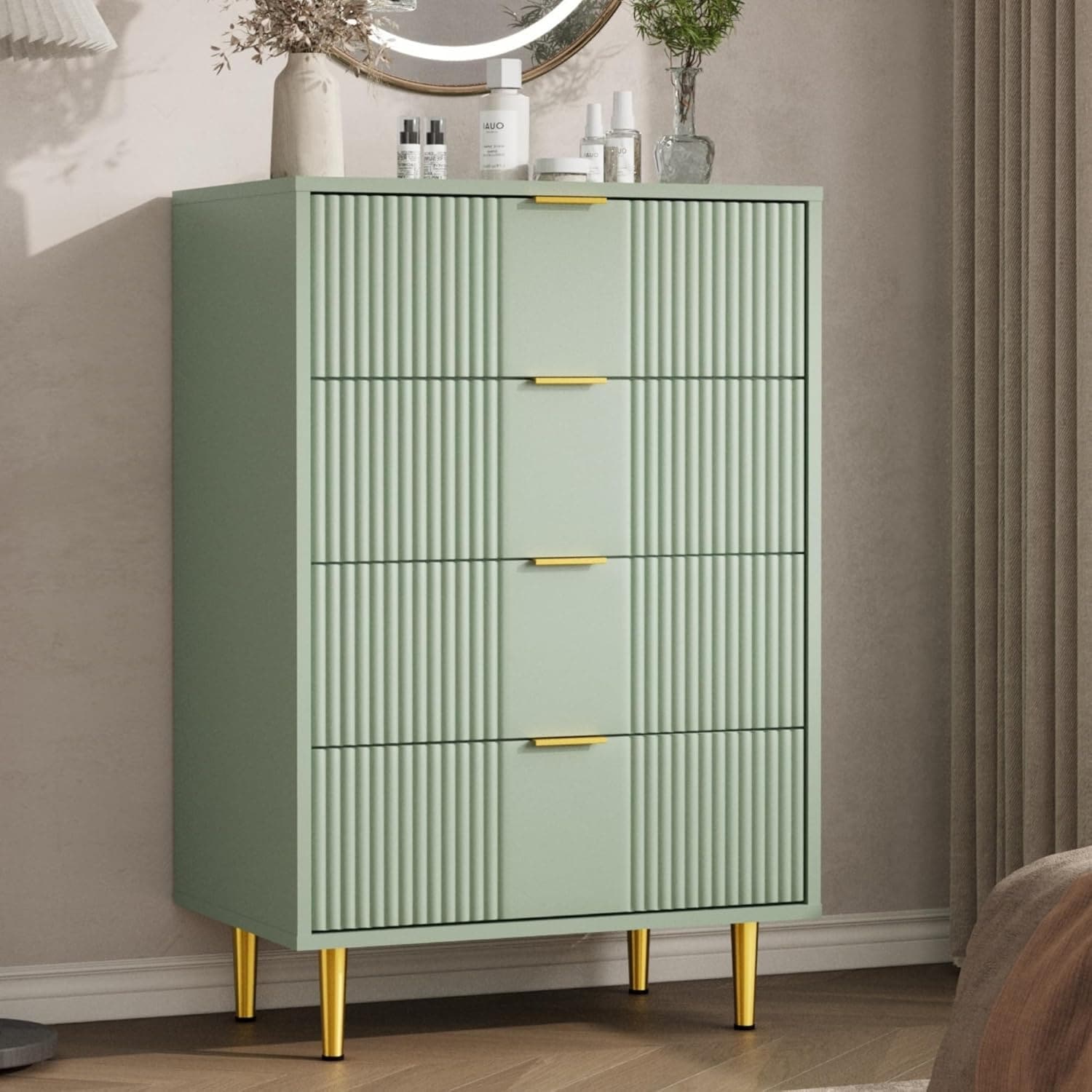 Fluted Dresser for Bedroom, Modern Chest of Drawers with Metal Handle, Wooden Closet Clothes Storage Organizer