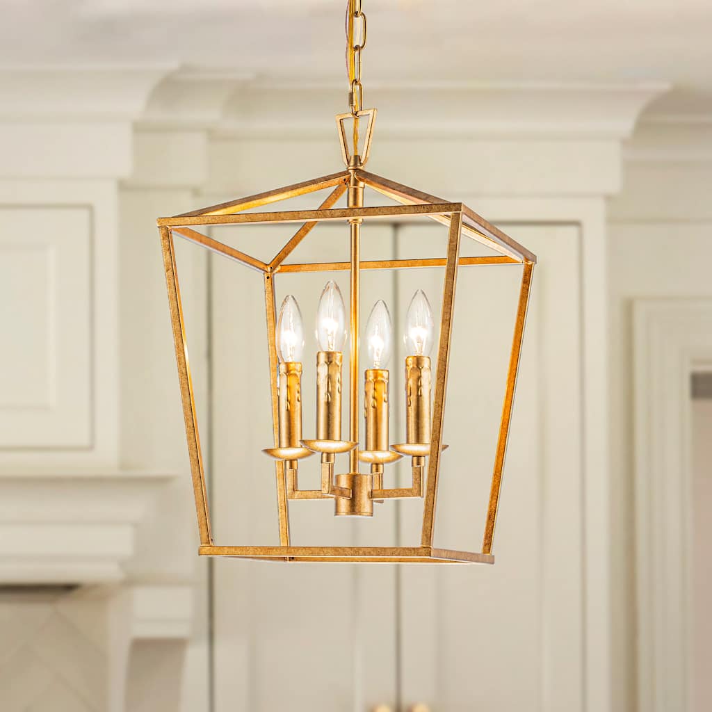 OB - 4-Light Modern Antique Brass Candle Style Lantern Chandelier Coastal Farmhouse Gilded Iron Cage Hanging Light