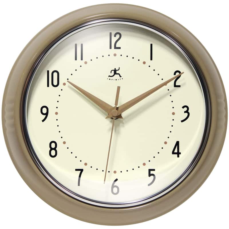 Round Retro Kitchen Wall Clock by Infinity Instruments - 9.5 Inch - Latte