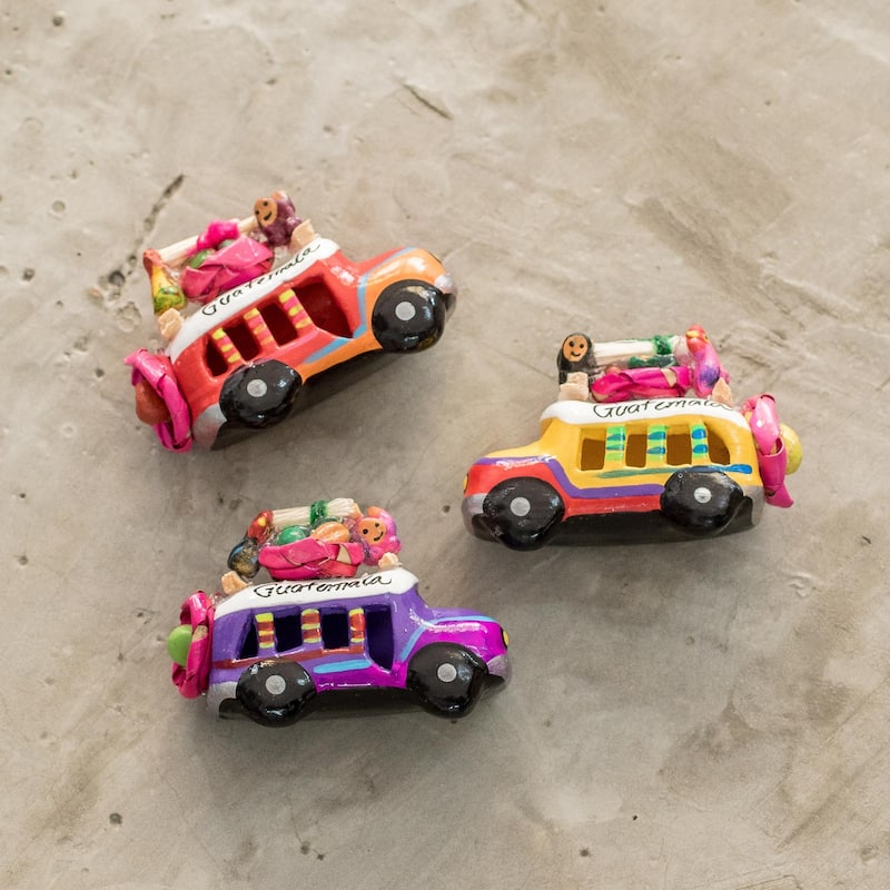 Novica Handmade Multicolor Old Time Buses Ceramic Magnets (Set Of 3)