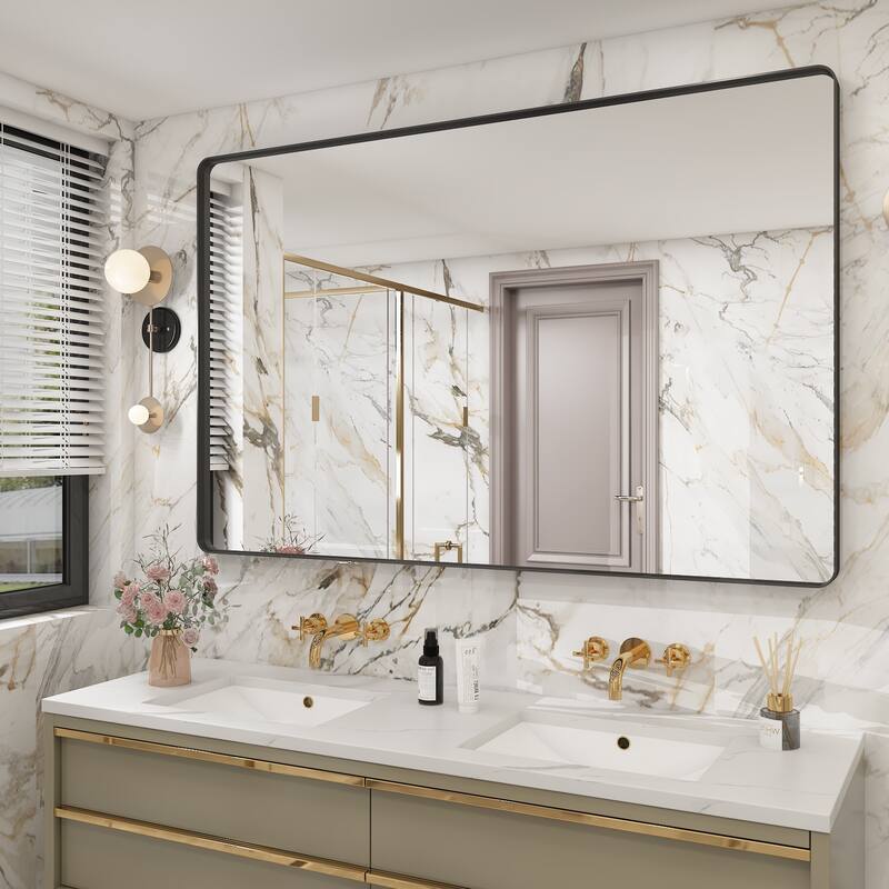 Modern Metal Frame Wall Mounted Bathroom Vanity Mirror - 55x36 - Black