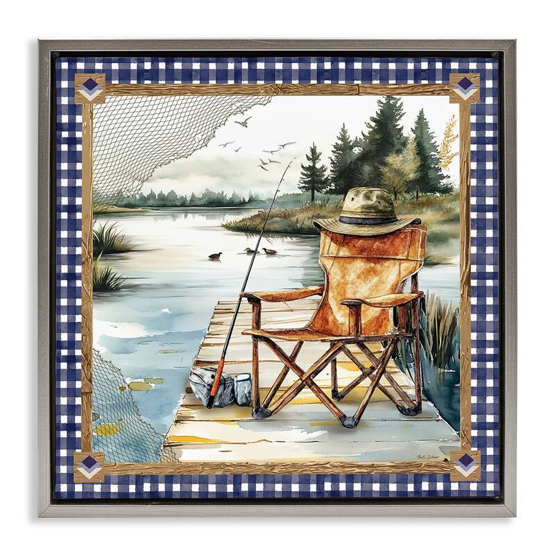 Stupell Fishing Chair on Dock Framed Floater Canvas Wall Art Design By Nicole DeCamp - 25 x 25 - Grey