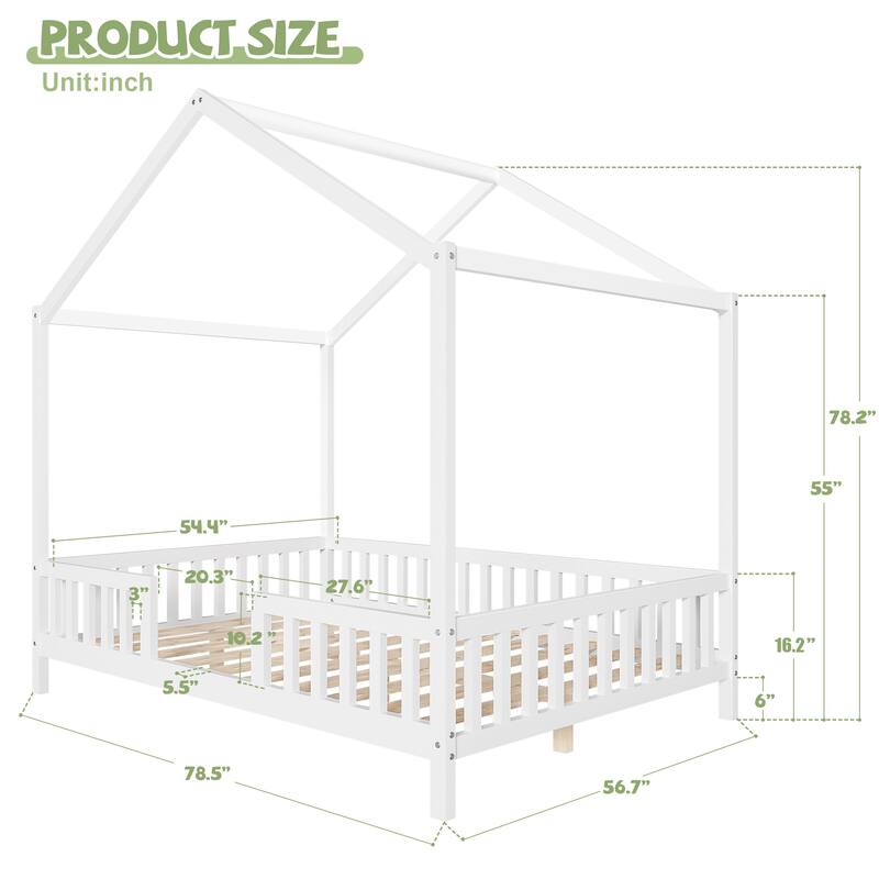 Montessori House Bed with Canopy, Twin/Full Kids Floor Bed Frame with High Railings, Wooden Roof Bed for Toddlers and Children