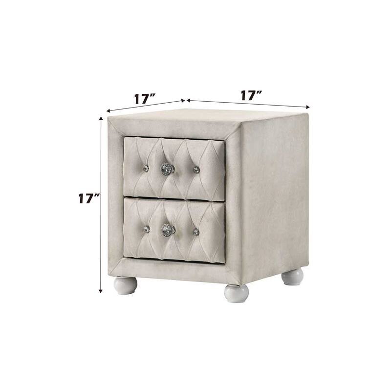 Beige Fabric Nightstand with 2 Storage Drawers, Wood and MDF Construction