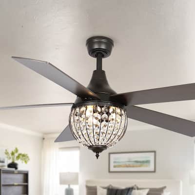 52" Industrial Black Wood 5-blade Crystal Ceiling Fan with Remote