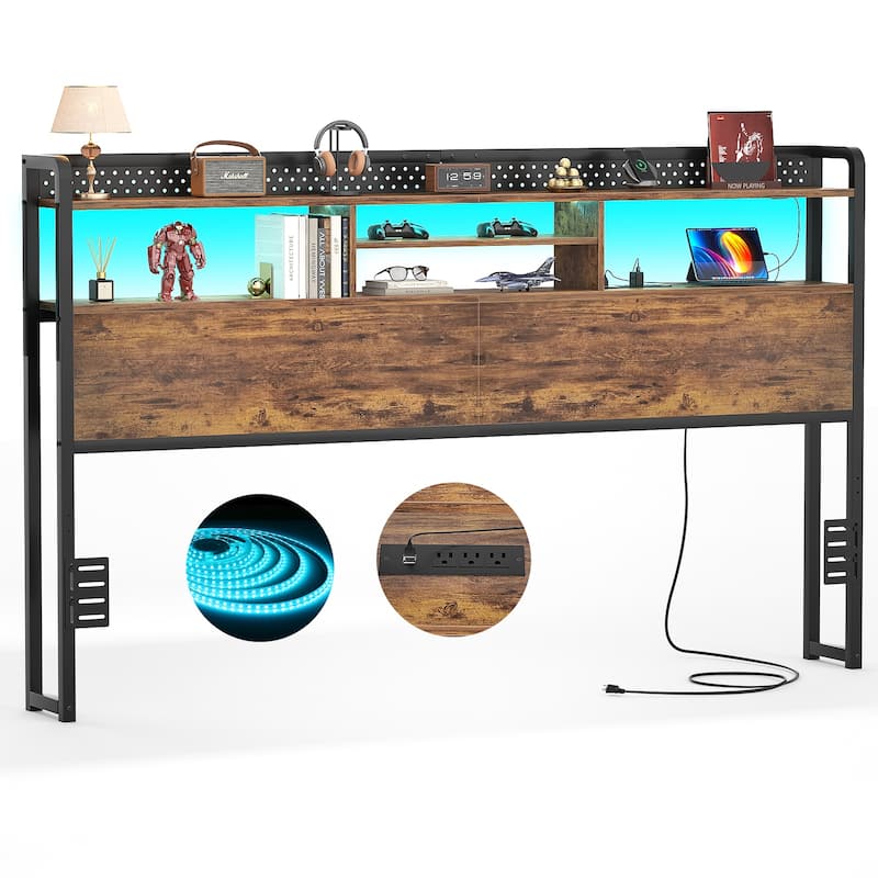 Bed Headboard with Storage Shelf and Charge Station, Height Adjustable Headboard with LED Light