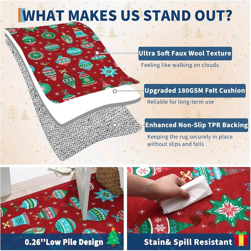 Christmas Winter Snowflake Washable Area Rug for Living Room, Bedroom, Red