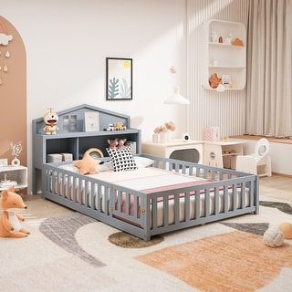 Full-Size Montessori Floor Bed with Bookcases & Blackboards, Solid Wood Design for Kids with Guardrails & Storage, Grey