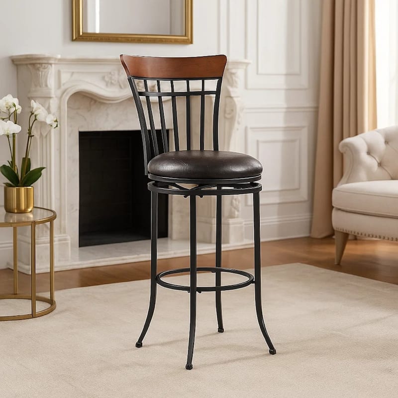 Nira Swivel Bar Height Chair, Brown Faux Leather, Wood Back, Black Metal
