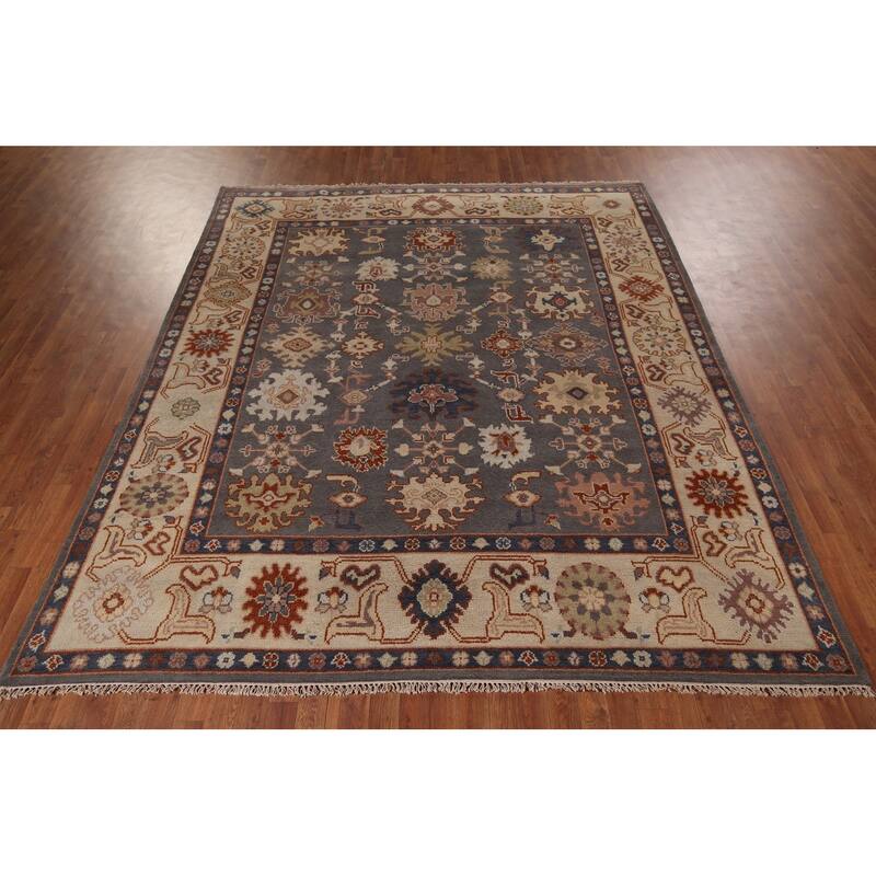 All-Over Gray Geometric Oushak Indian Rug Hand-Knotted Wool Carpet - 8'0"x 10'0"