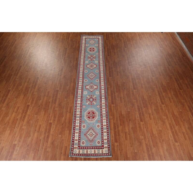 Light Blue Kazak Oriental Runner Rug Handmade Wool Carpet - 2'10" x 15'0"