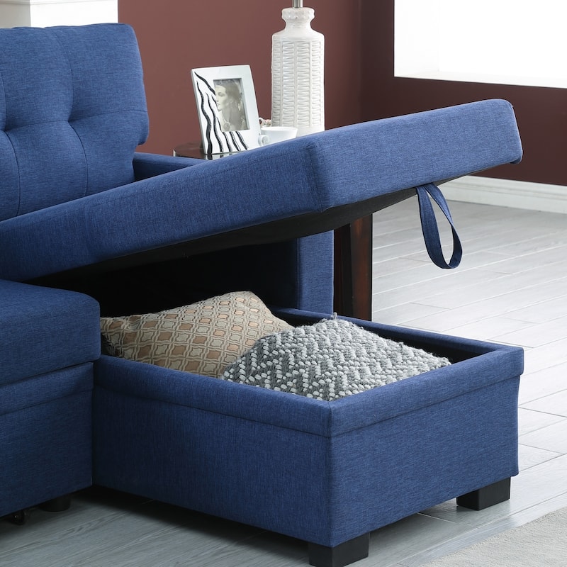 Linen L-Shaped Convertible Sectional Sofa Bed with Storage and Wooden Accent