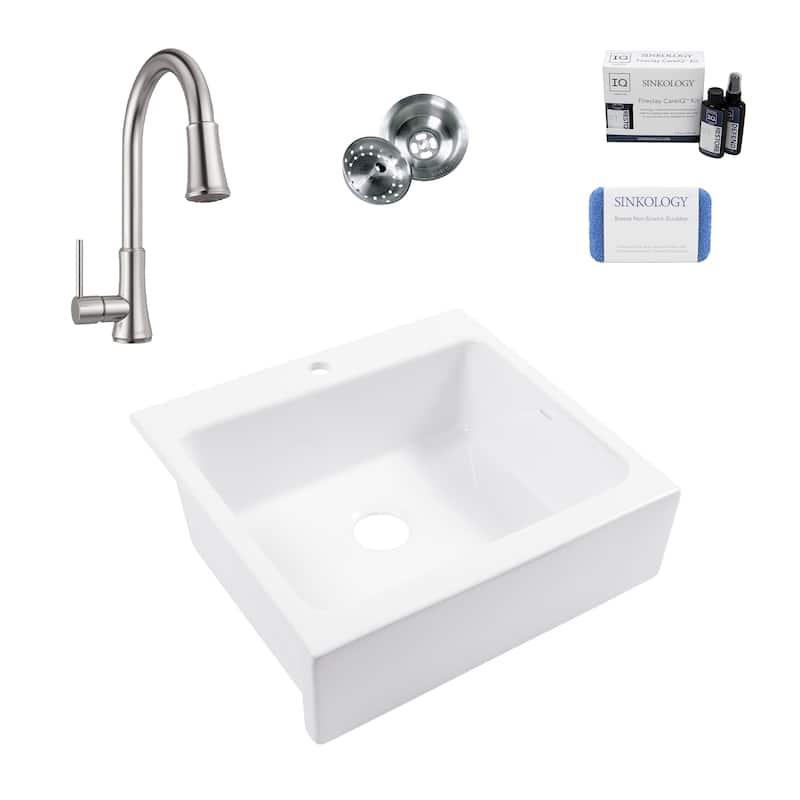 Parker Crisp White Fireclay 26" Quick-Fit Farmhouse Apron Front Drop-In Single Bowl Kitchen Sink (1 Hole) with Pfirst Faucet Kit