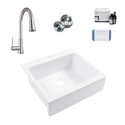Parker Crisp White Fireclay 26" Quick-Fit Farmhouse Apron Front Drop-In Single Bowl Kitchen Sink (1 Hole) with Pfirst Faucet Kit