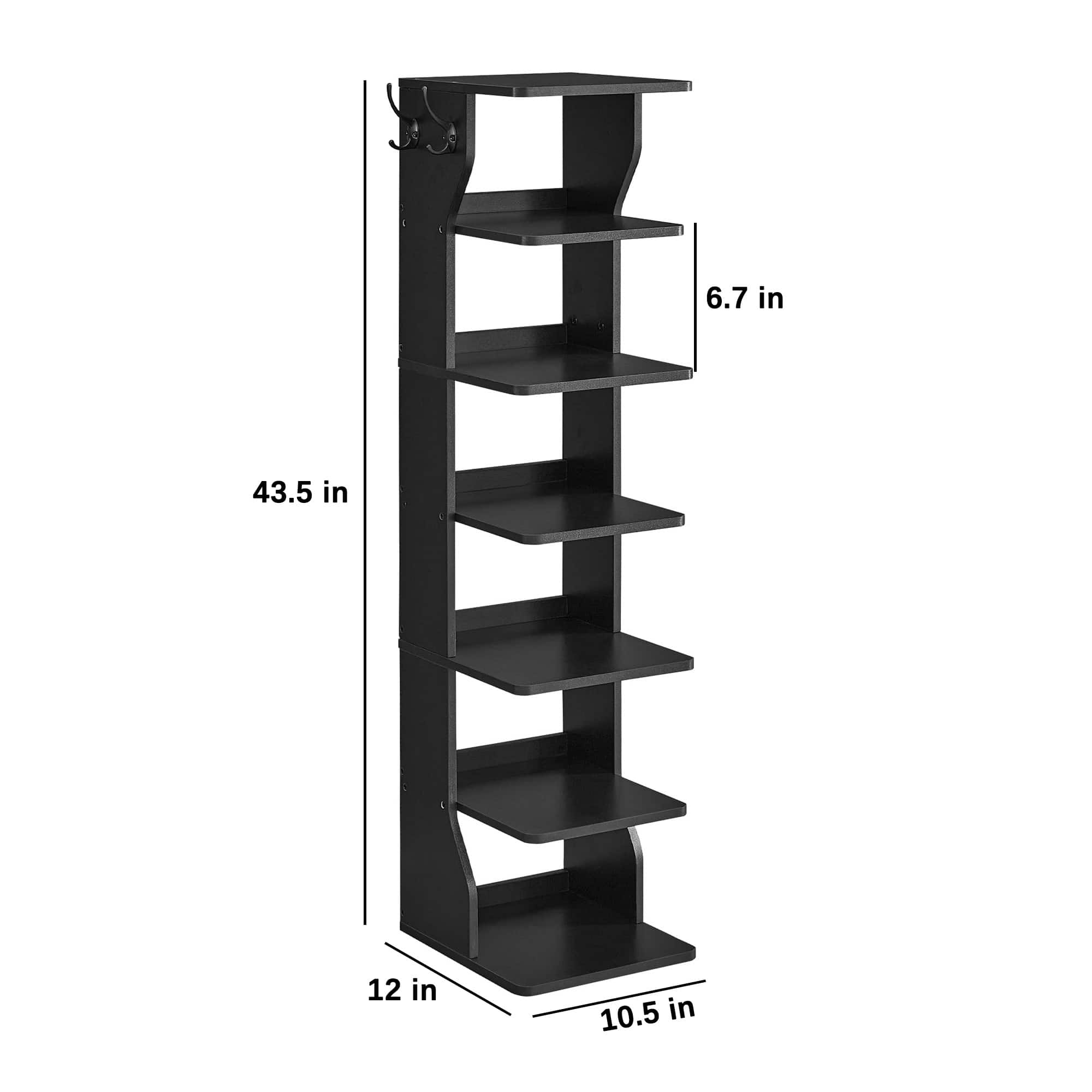 7 Tier Vertical Shoe Rack with Hooks for Entryway and Bedroom, Black