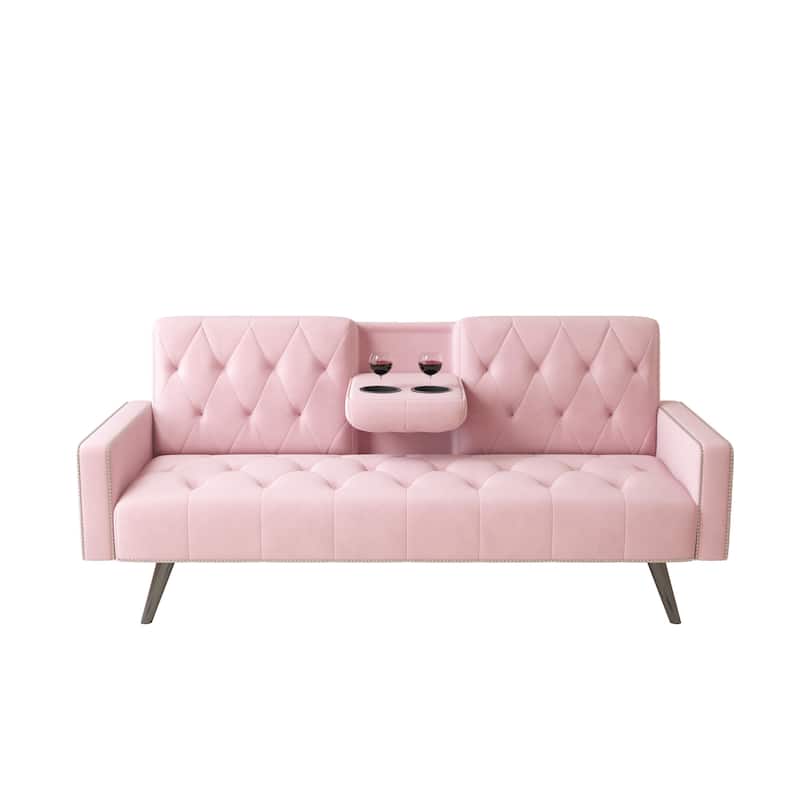 1730 Sofa Bed Armrest with Nail Head Trim with Two Cup Holders 72" Pink Velvet Sofa for Small Spaces