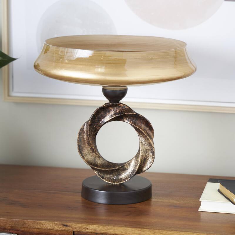 Brown Glass Wide Brushed Decorative Bowl with Textured Bronze and Black Ring Base - Brown