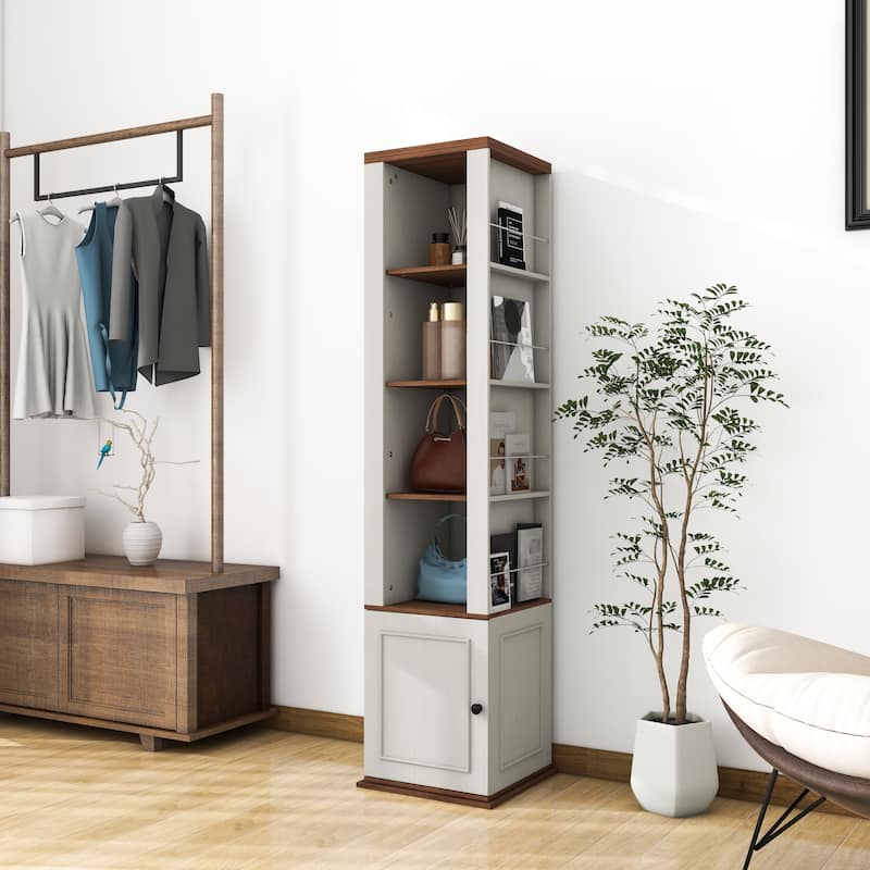 360°Rotating Storage Cabinet with Full-Length Mirror,total of 8 open shelves on both sides,One Side Hooks,1 Door with a Shelve