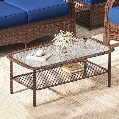 Outdoor Coffee Table with Storage Shelf, Wicker Patio Coffee Table for Patio, Outside, Balcony, Porch, Deck