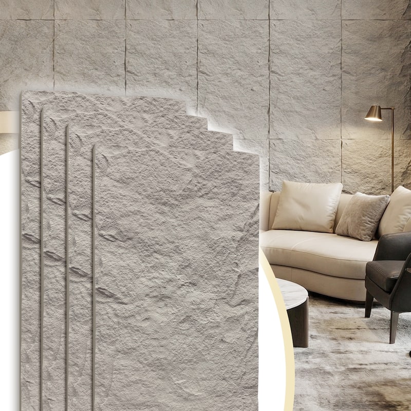 4Pcs 48"x24" 3D Faux Stone Wall Panels Imitation Decorative Wall Tiles for Interior Wall Decor - Stone Gray - Rock Texture