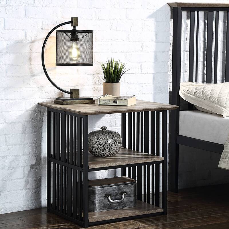 Antique Oak and Black 3-Shelf Nightstand with Metal Frame - Oak
