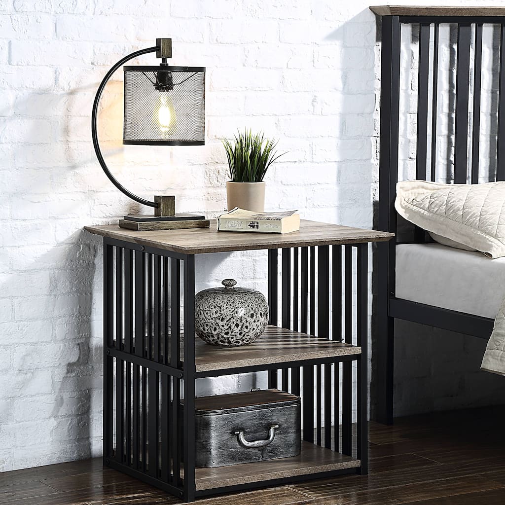 Antique Oak and Black 3-Shelf Nightstand with Metal Frame