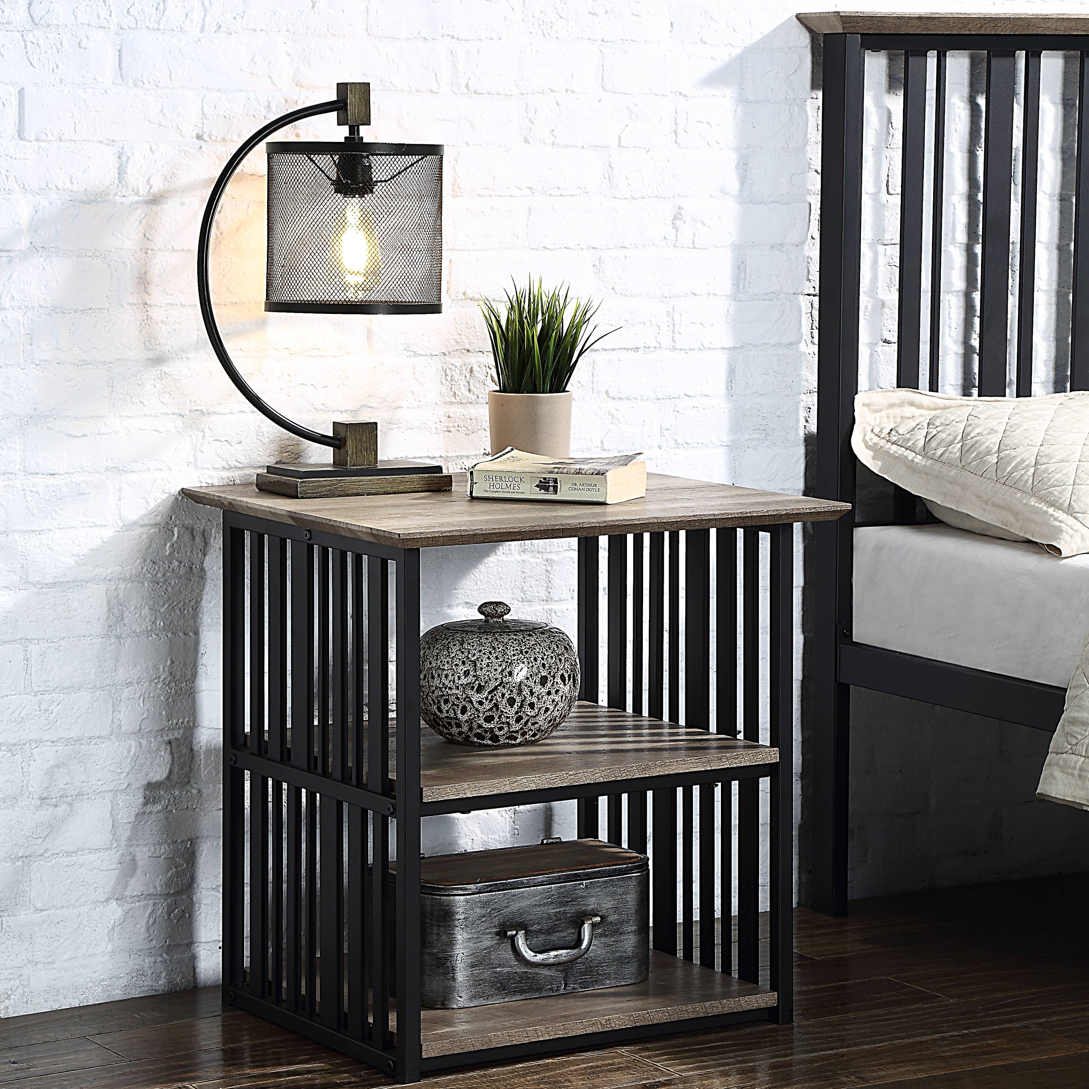 Antique Oak and Black 3-Shelf Nightstand with Metal Frame