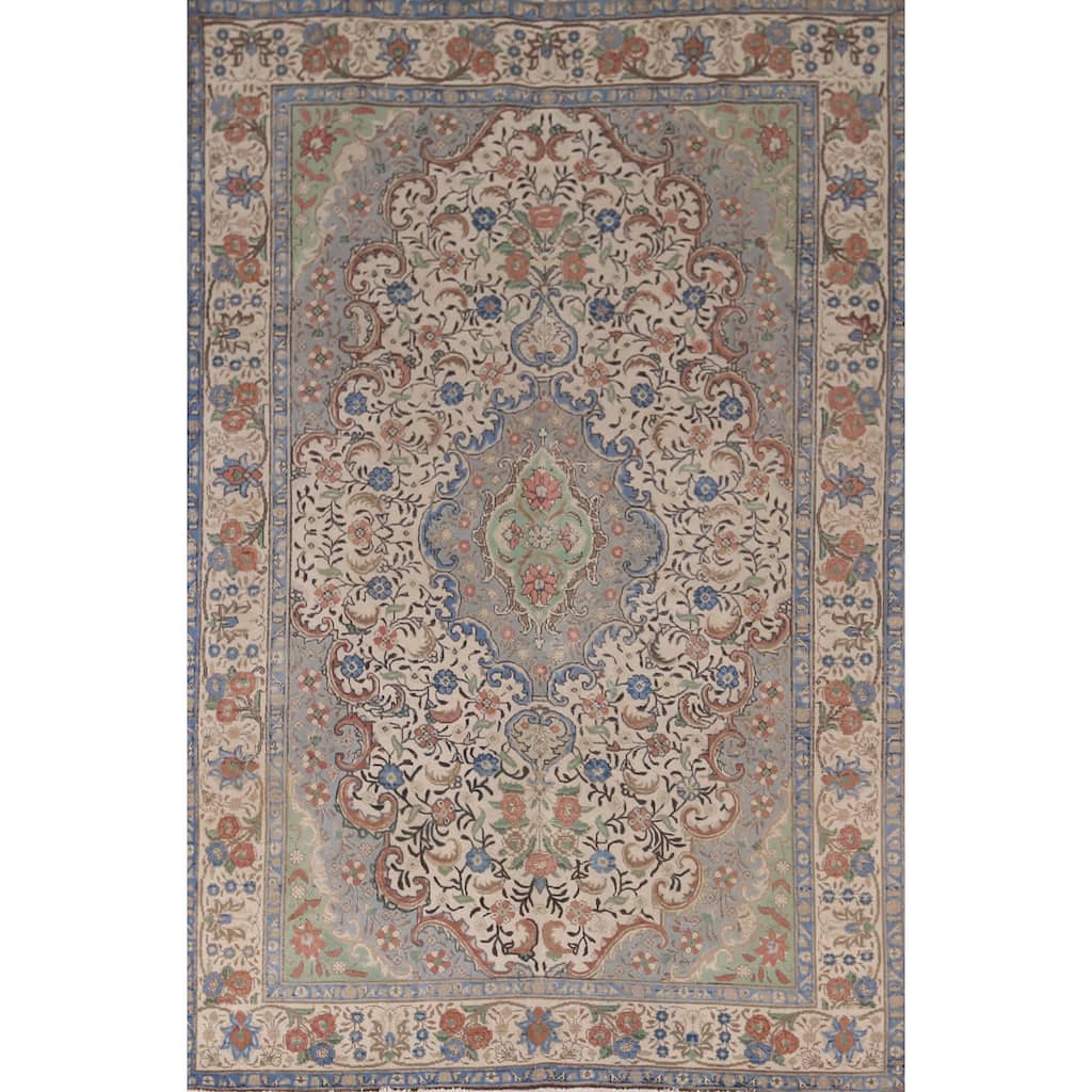 Ivory Floral Tabriz Persian Vintage Area Rug Handmade Wool Carpet - 6'6"x 10'0"