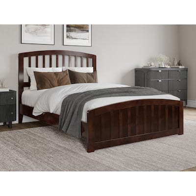 Rustic Wood Platform Bed - Low Profile Full Bed Frame with Footboard - Walnut Finish