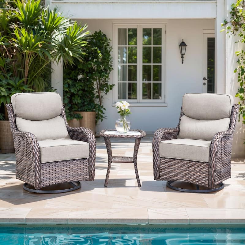 Gymojoy 3-Piece Patio Swivel Glider Chair Set with Side Table, 6-Inch Ultra-Plush Cushions & Water-Resistant Olefin Fabric - Brown Wicker / Beige Cusion - 3-Piece