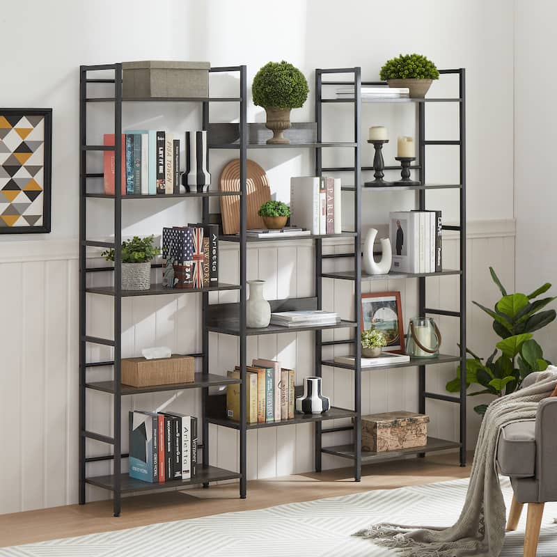 Industrial Triple Wide Wooden 5-shelf Bookshelves