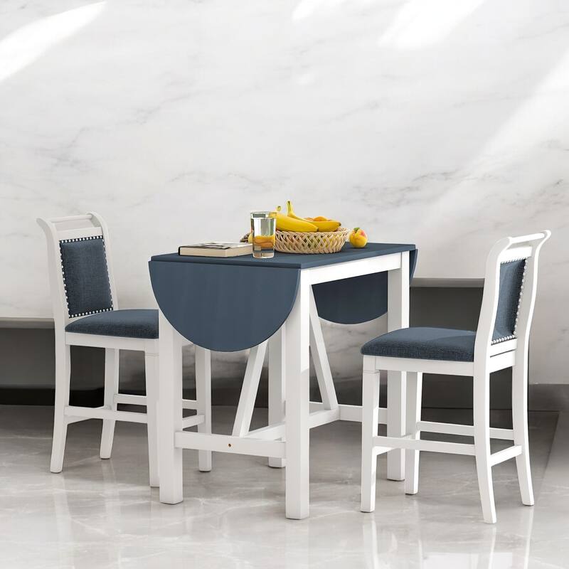 3-Piece Wood Counter Height Drop Leaf Dining Table Set with 2 Upholstered Chairs for Small Spaces and Dining Room - White