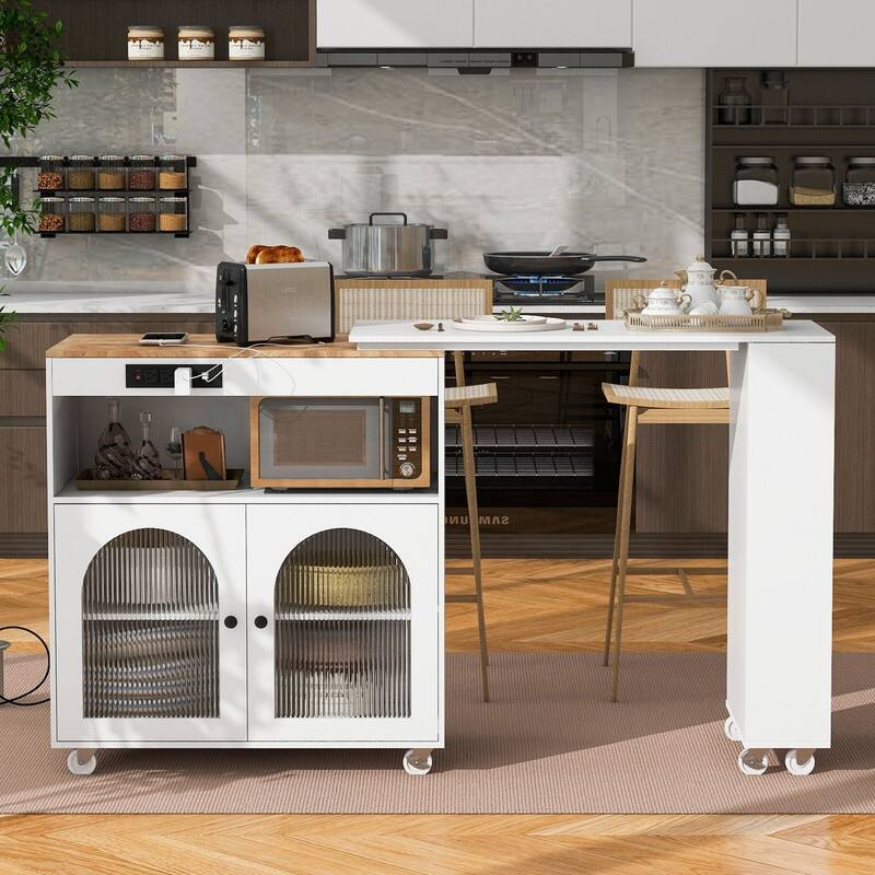 Rolling Kitchen Island on Wheels With Extended Table,LED Lights,Power Outlets and 2 Fluted Glass Doors - White