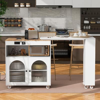 Rolling Kitchen Island on Wheels With Extended Table,LED Lights,Power Outlets and 2 Fluted Glass Doors
