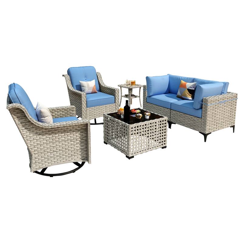 OVIOS 6 Pieces Outdoor Wicker Swivel Chair Set With Solar-Powered Coffee Table