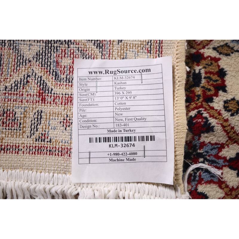 Ivory & Red Floral Kashan Turkish Area Rug Machine Made Carpet - 9'8" x 13'0"