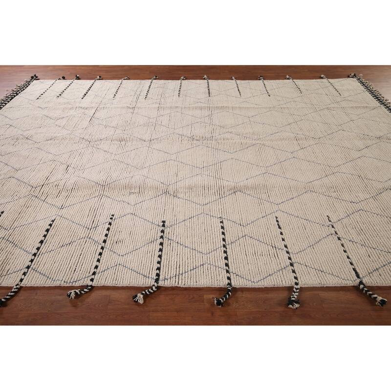 All-Over Ivory Moroccan Oriental Area Rug Handmade Wool Carpet - 8'8"x 12'11"