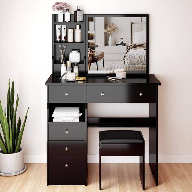 37" Makeup Vanity Table with Left Drawers, Sliding Mirror & High-Capacity Storage, Includes Stool