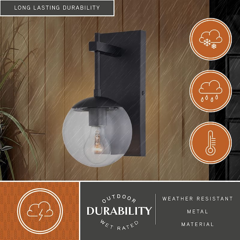 Keeler 1 Light Matte Black Indoor Outdoor Wall Sconce Clear Glass Globe Shade, LED Compatible - 6-in W x 12-in H x 7.5-in D