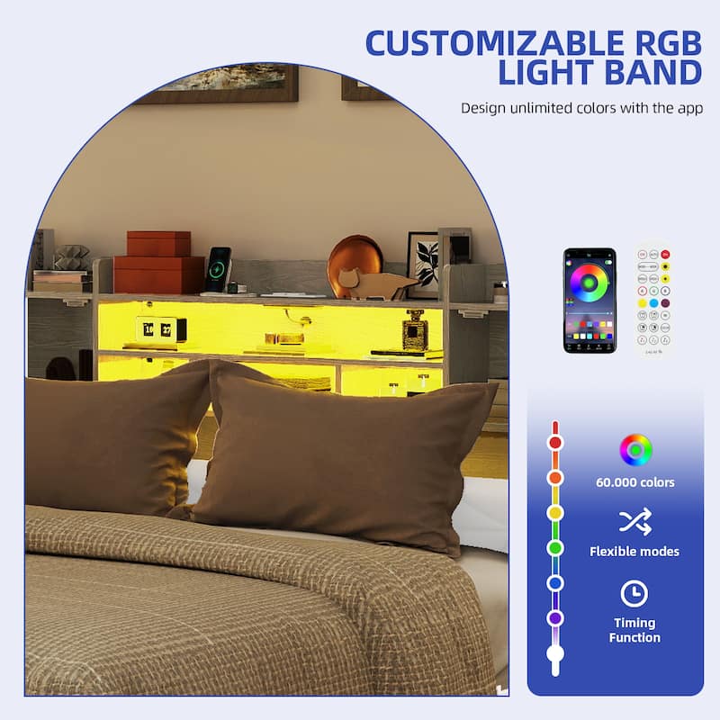 Queen/King Upholstered Bed Frame with RGB LED Lights & Storage Bookcase Headboard